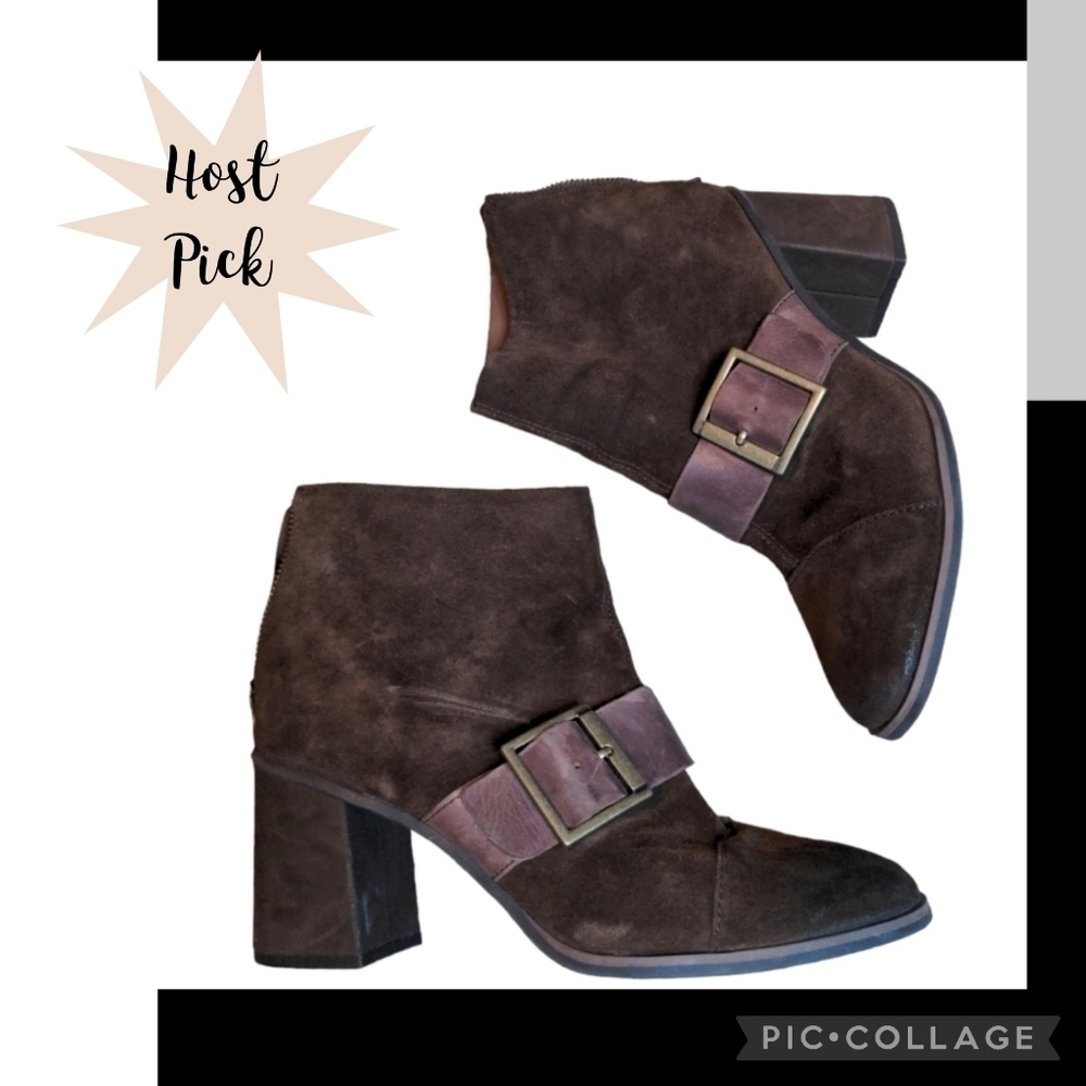 KORKS Heeled Suede Bootie with Chunky Buckle Ankle Boots | Size 9 | EUC